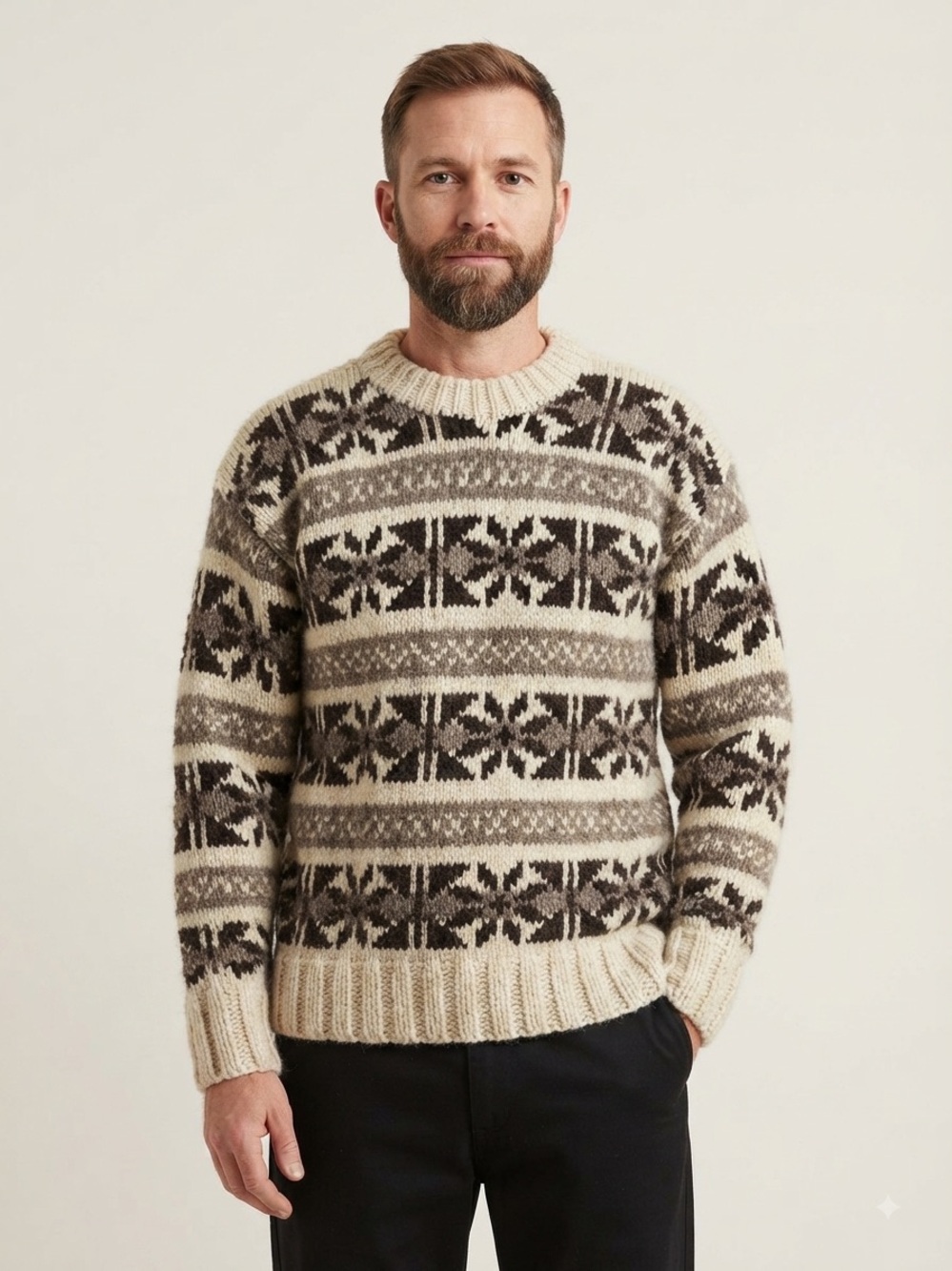 Hand knit Sz L Wool Fair Isles Nordic Chunky Snowflakes Sweater